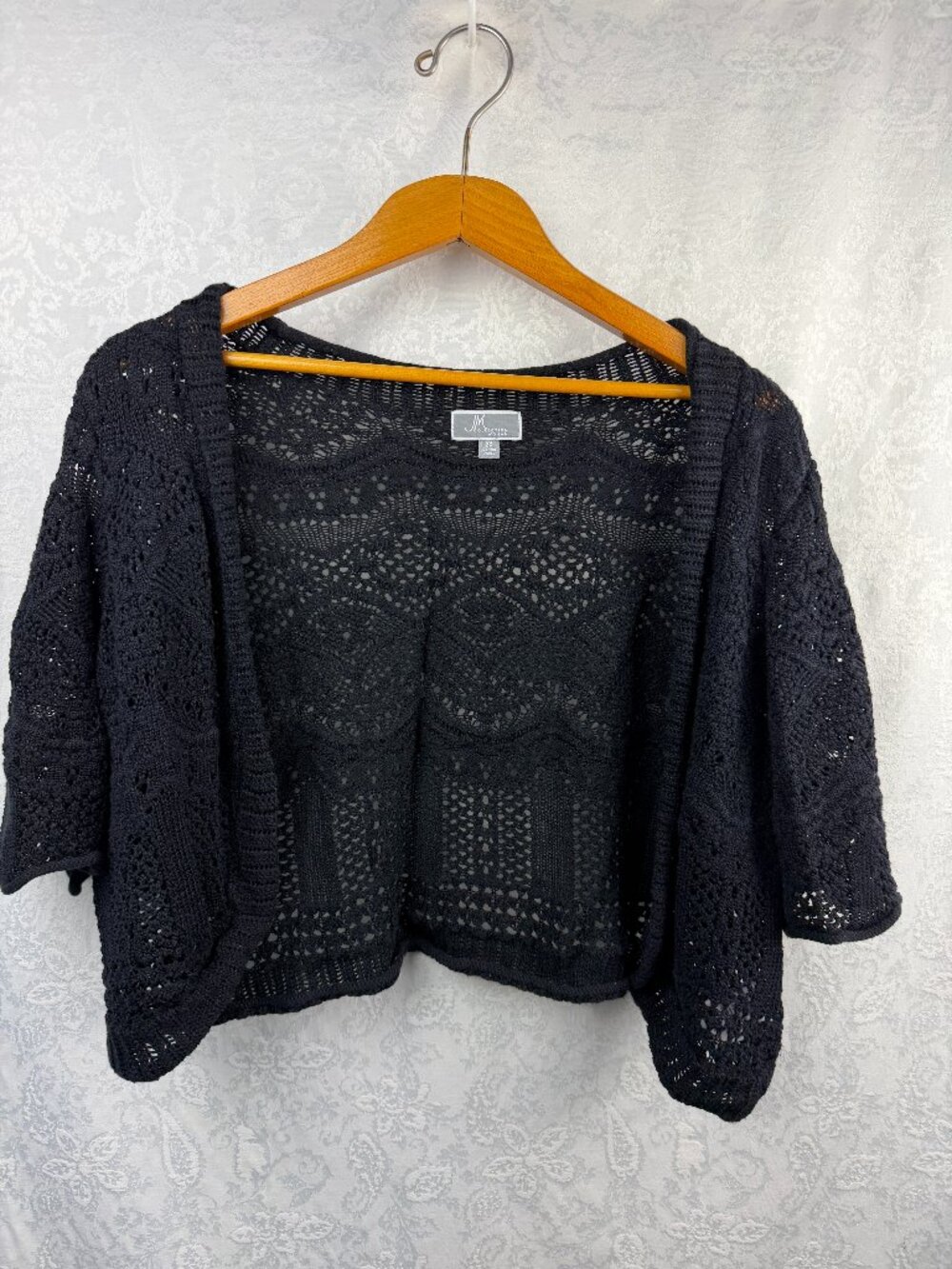 JM Collection Women’s 2X Black Crochet Knit Open Front Cardigan 3/4 Sleeve Cover